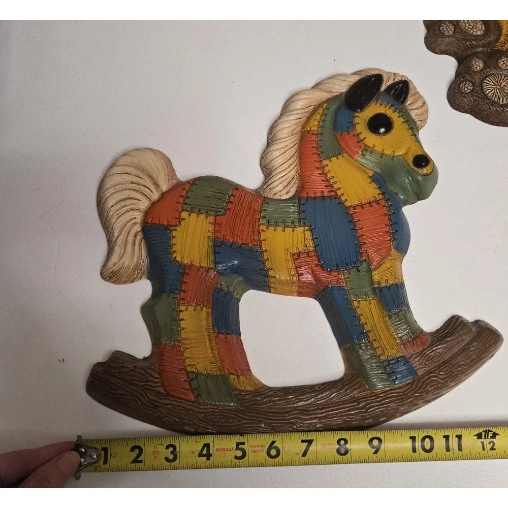 Vintage Patchwork Bear & Rocking‎ Horse Wall Plaques 80s Nursery Decor SetFoam